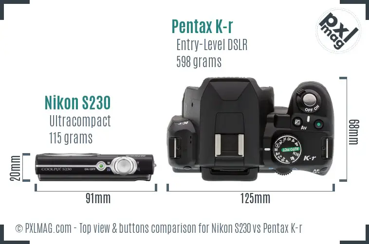 Nikon S230 vs Pentax K-r top view buttons comparison