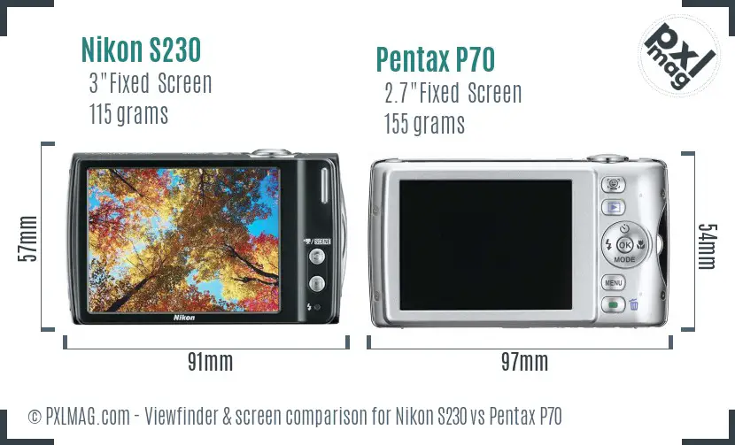 Nikon S230 vs Pentax P70 Screen and Viewfinder comparison