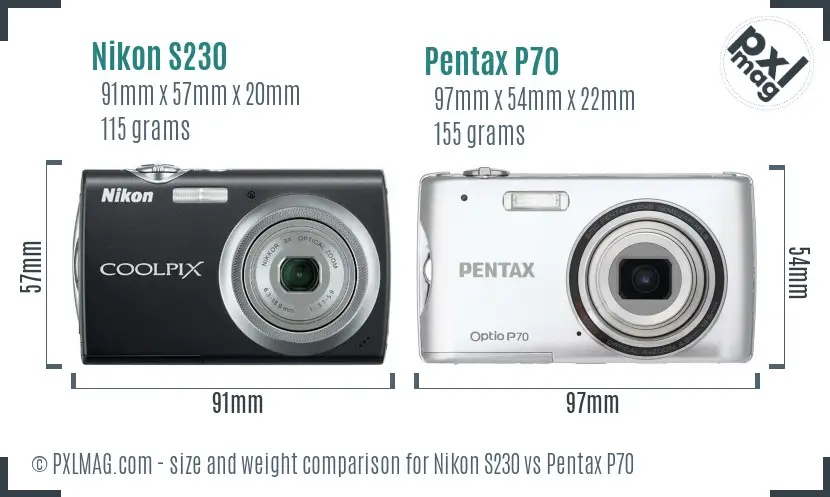 Nikon S230 vs Pentax P70 size comparison