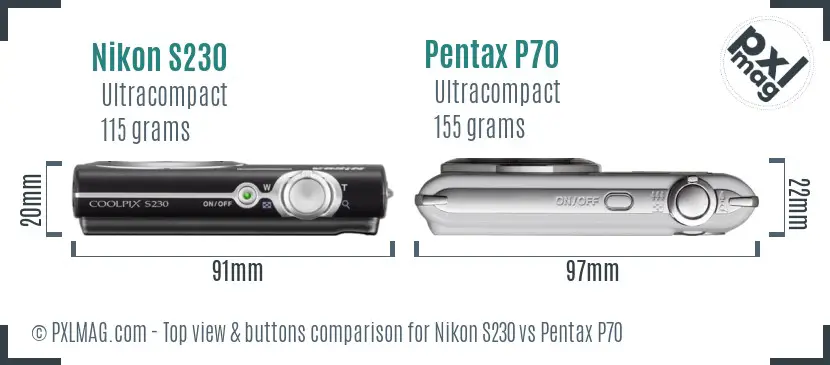 Nikon S230 vs Pentax P70 top view buttons comparison