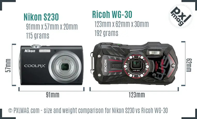 Nikon S230 vs Ricoh WG-30 size comparison