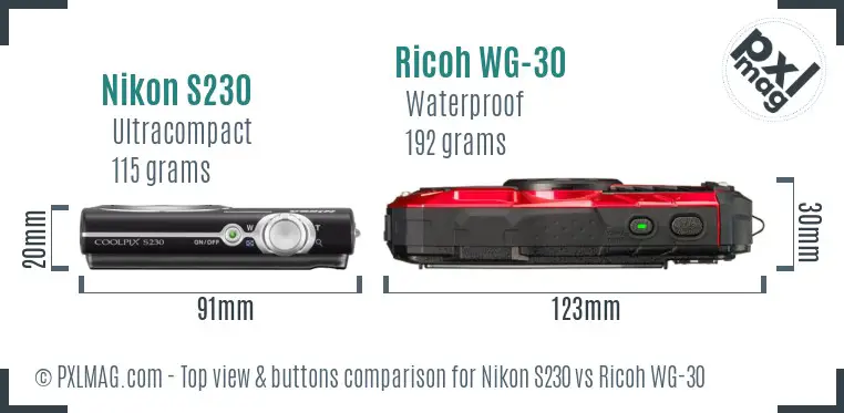 Nikon S230 vs Ricoh WG-30 top view buttons comparison