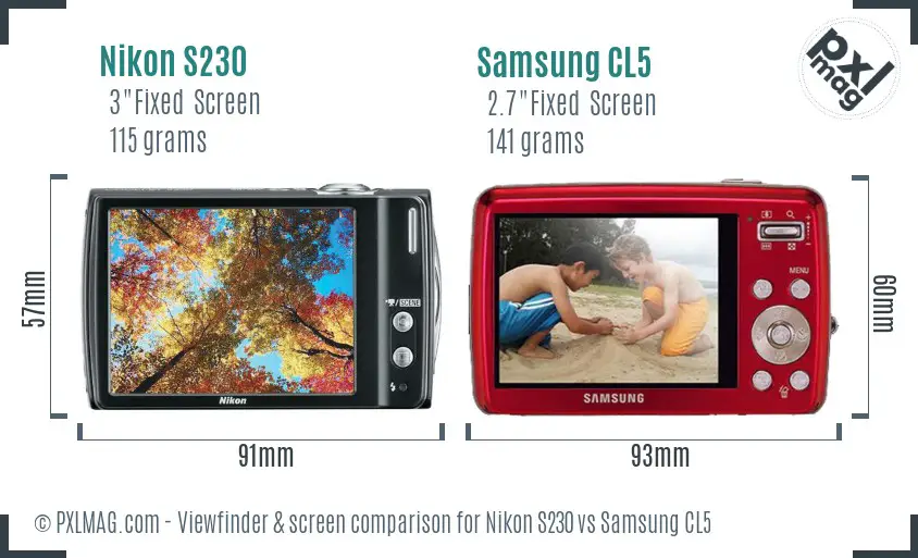Nikon S230 vs Samsung CL5 Screen and Viewfinder comparison