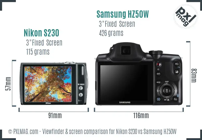 Nikon S230 vs Samsung HZ50W Screen and Viewfinder comparison