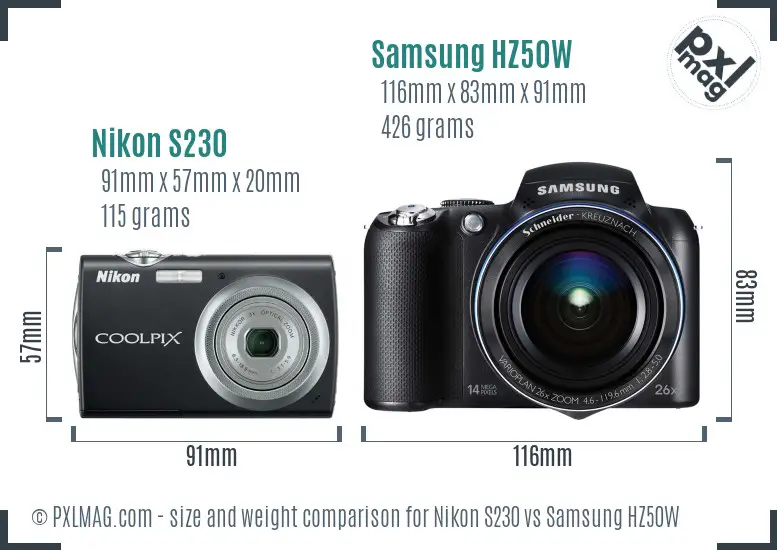 Nikon S230 vs Samsung HZ50W size comparison