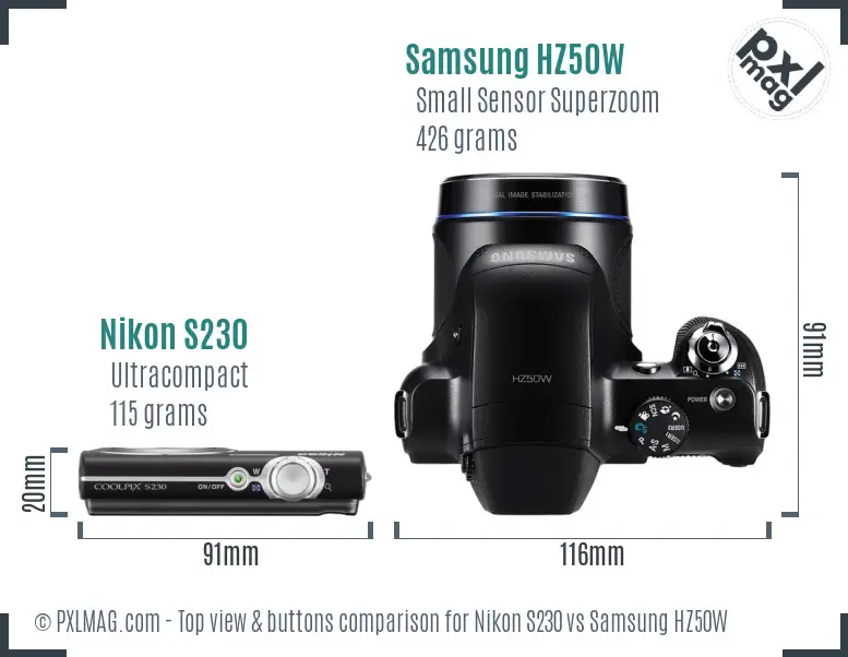Nikon S230 vs Samsung HZ50W top view buttons comparison