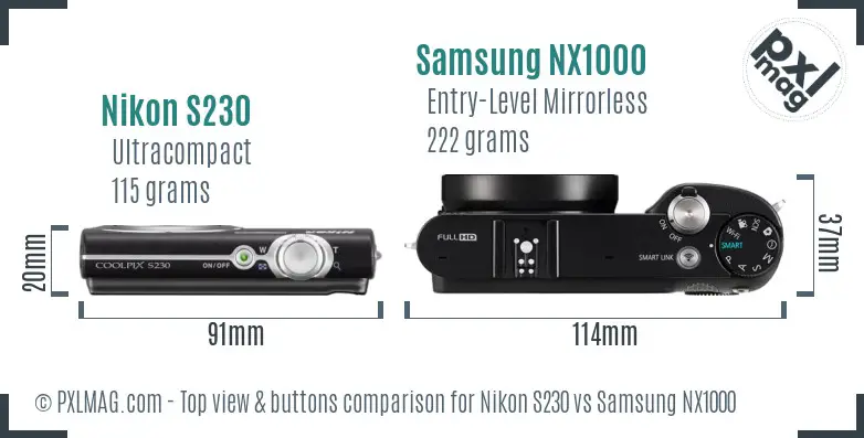 Nikon S230 vs Samsung NX1000 top view buttons comparison
