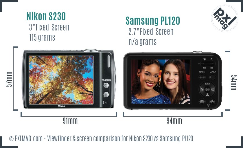 Nikon S230 vs Samsung PL120 Screen and Viewfinder comparison