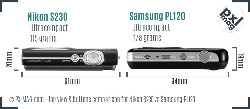 Nikon S230 vs Samsung PL120 top view buttons comparison