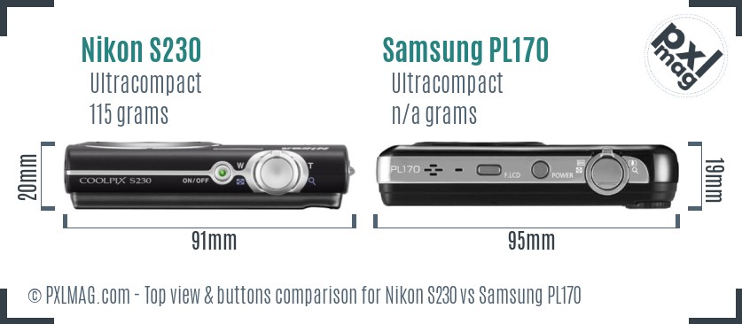 Nikon S230 vs Samsung PL170 top view buttons comparison