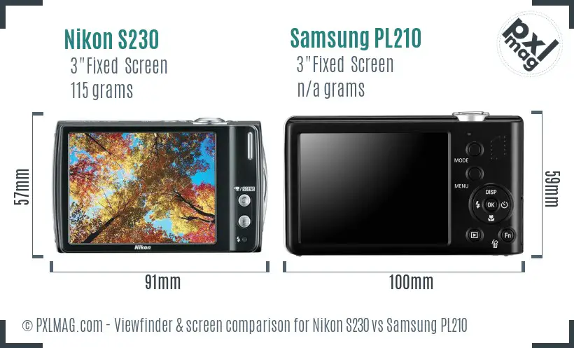 Nikon S230 vs Samsung PL210 Screen and Viewfinder comparison