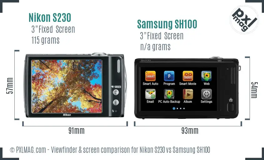 Nikon S230 vs Samsung SH100 Screen and Viewfinder comparison