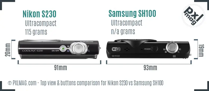 Nikon S230 vs Samsung SH100 top view buttons comparison