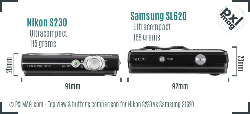 Nikon S230 vs Samsung SL620 top view buttons comparison Nikon S230 vs Samsung SL620 top view buttons comparison