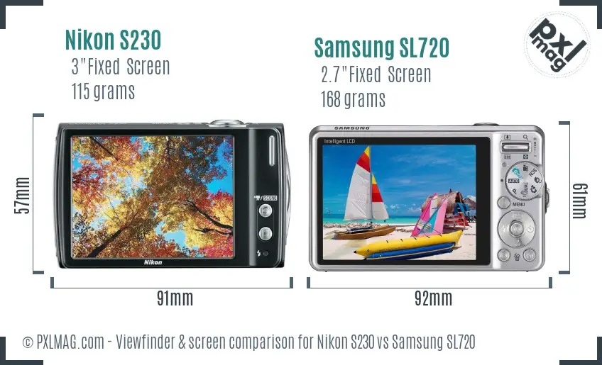 Nikon S230 vs Samsung SL720 Screen and Viewfinder comparison