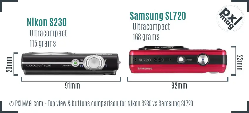 Nikon S230 vs Samsung SL720 top view buttons comparison