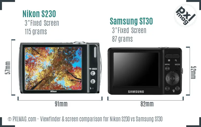 Nikon S230 vs Samsung ST30 Screen and Viewfinder comparison