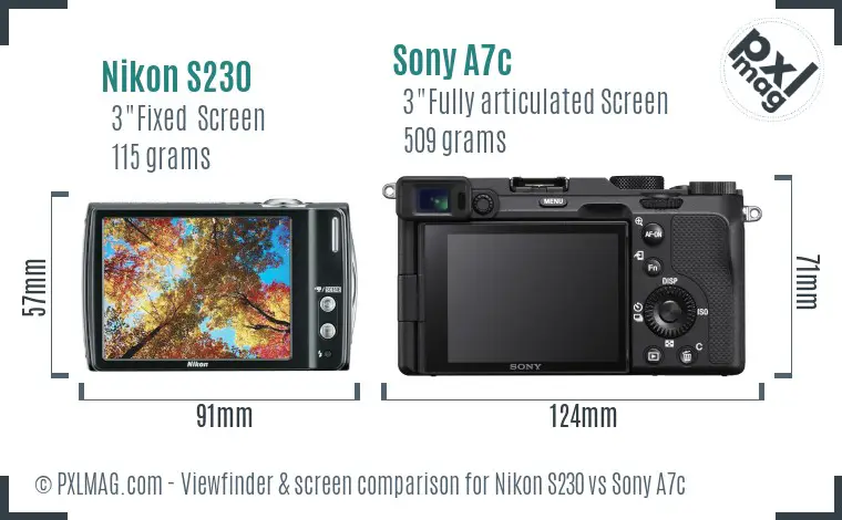 Nikon S230 vs Sony A7c Screen and Viewfinder comparison