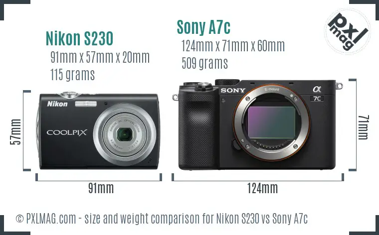 Nikon S230 vs Sony A7c size comparison