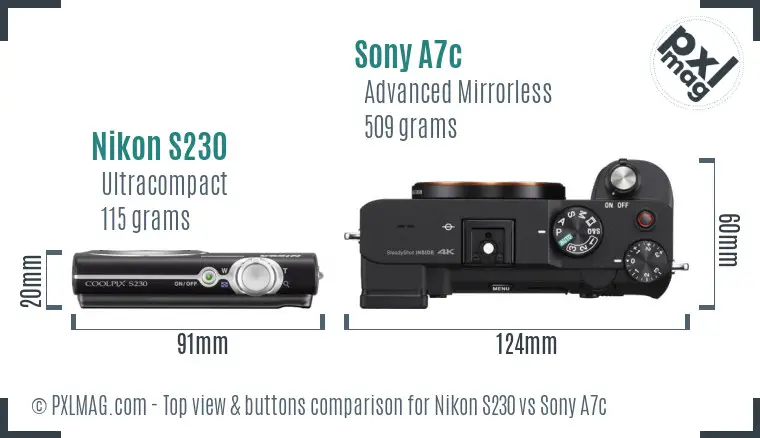 Nikon S230 vs Sony A7c top view buttons comparison