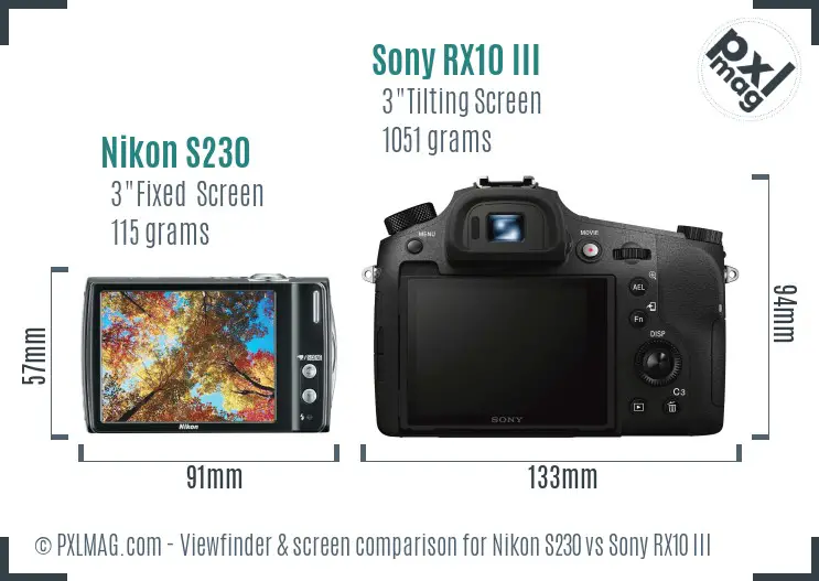 Nikon S230 vs Sony RX10 III Screen and Viewfinder comparison
