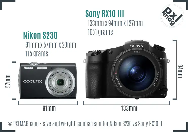 Nikon S230 vs Sony RX10 III size comparison