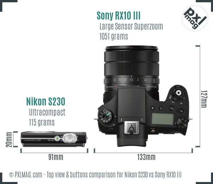 Nikon S230 vs Sony RX10 III top view buttons comparison