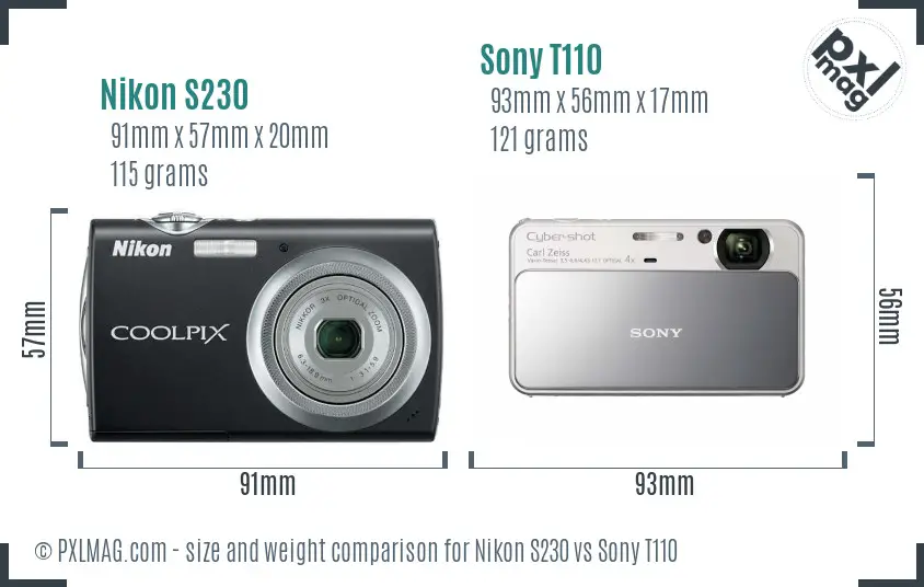 Nikon S230 vs Sony T110 size comparison