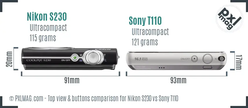 Nikon S230 vs Sony T110 top view buttons comparison