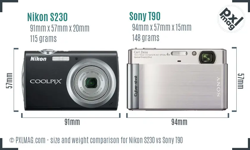 Nikon S230 vs Sony T90 size comparison