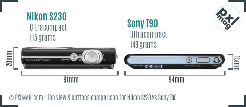 Nikon S230 vs Sony T90 top view buttons comparison