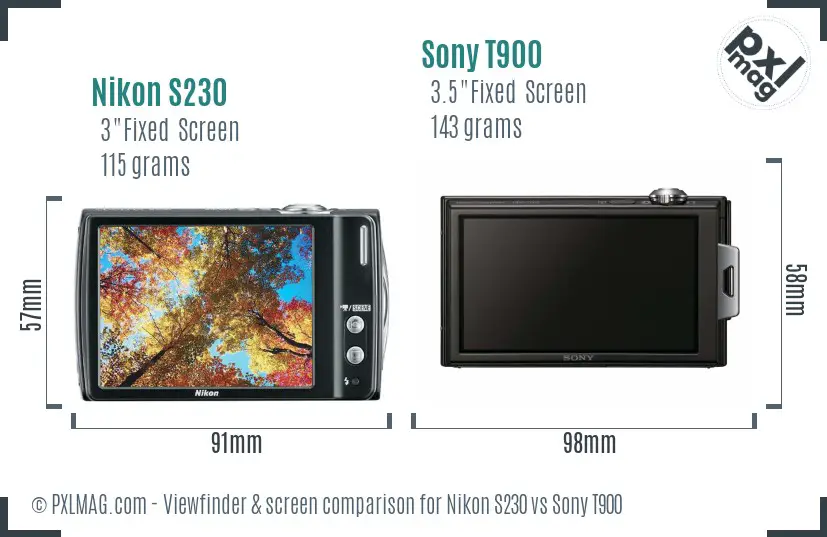 Nikon S230 vs Sony T900 Screen and Viewfinder comparison