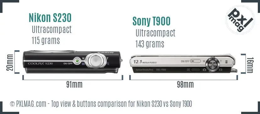 Nikon S230 vs Sony T900 top view buttons comparison