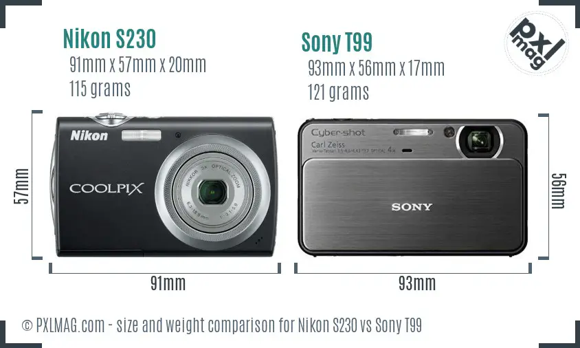 Nikon S230 vs Sony T99 size comparison