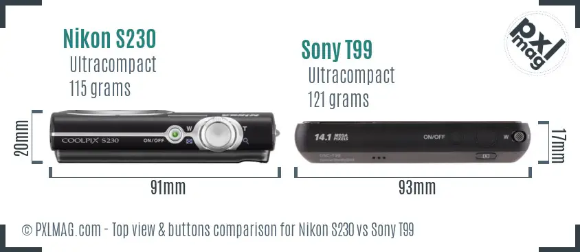 Nikon S230 vs Sony T99 top view buttons comparison