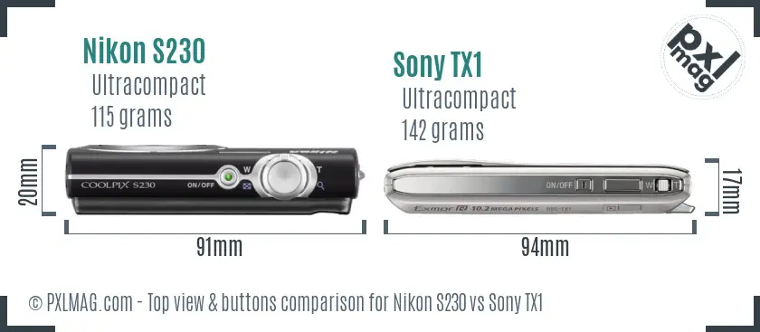 Nikon S230 vs Sony TX1 top view buttons comparison Nikon S230 vs Sony TX1 top view buttons comparison