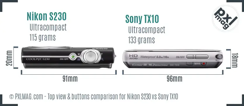 Nikon S230 vs Sony TX10 top view buttons comparison