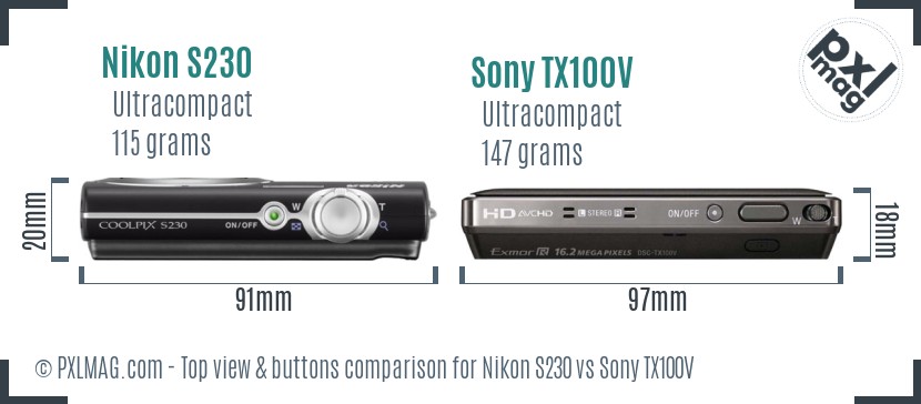 Nikon S230 vs Sony TX100V top view buttons comparison
