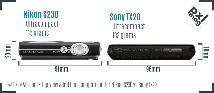 Nikon S230 vs Sony TX20 top view buttons comparison