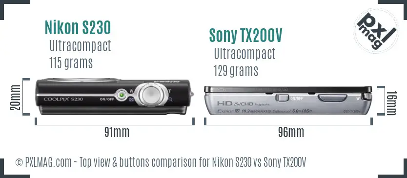 Nikon S230 vs Sony TX200V top view buttons comparison