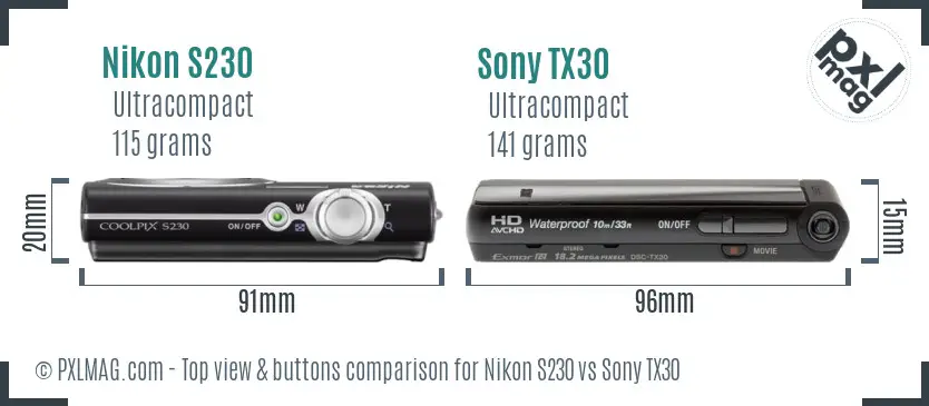 Nikon S230 vs Sony TX30 top view buttons comparison