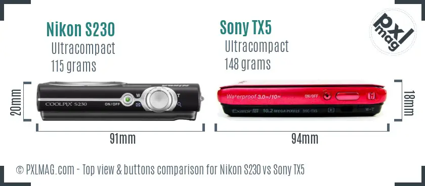 Nikon S230 vs Sony TX5 top view buttons comparison