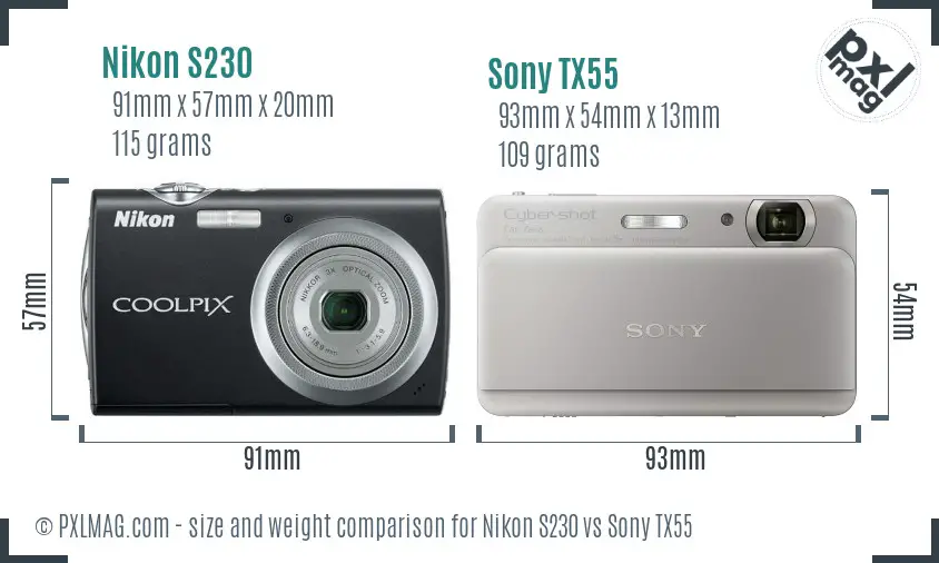 Nikon S230 vs Sony TX55 size comparison