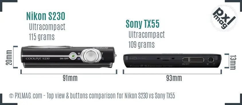 Nikon S230 vs Sony TX55 top view buttons comparison
