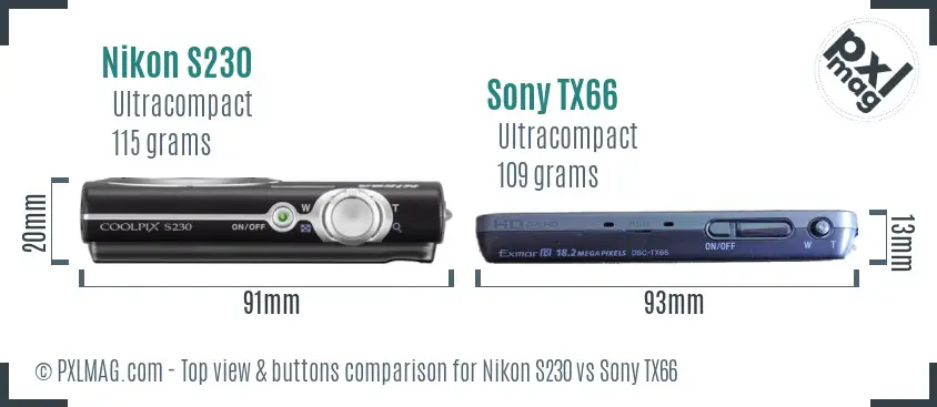Nikon S230 vs Sony TX66 top view buttons comparison
