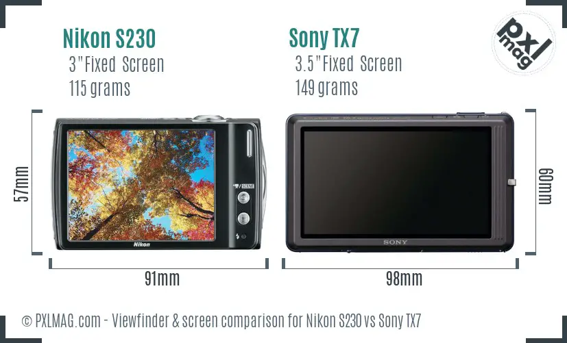 Nikon S230 vs Sony TX7 Screen and Viewfinder comparison