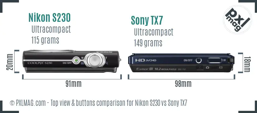 Nikon S230 vs Sony TX7 top view buttons comparison