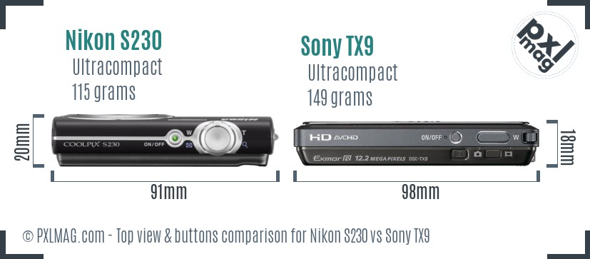 Nikon S230 vs Sony TX9 top view buttons comparison