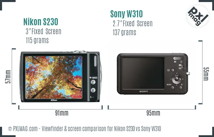 Nikon S230 vs Sony W310 Screen and Viewfinder comparison