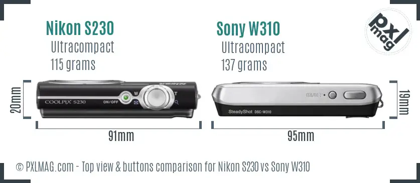 Nikon S230 vs Sony W310 top view buttons comparison
